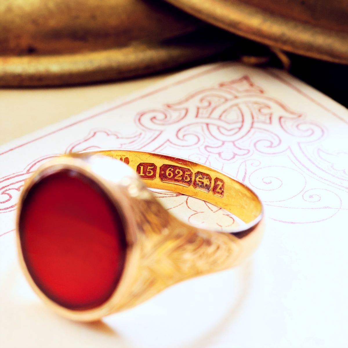 Date 1874 Carnelian 15ct Gold Signet Ring in Original Box