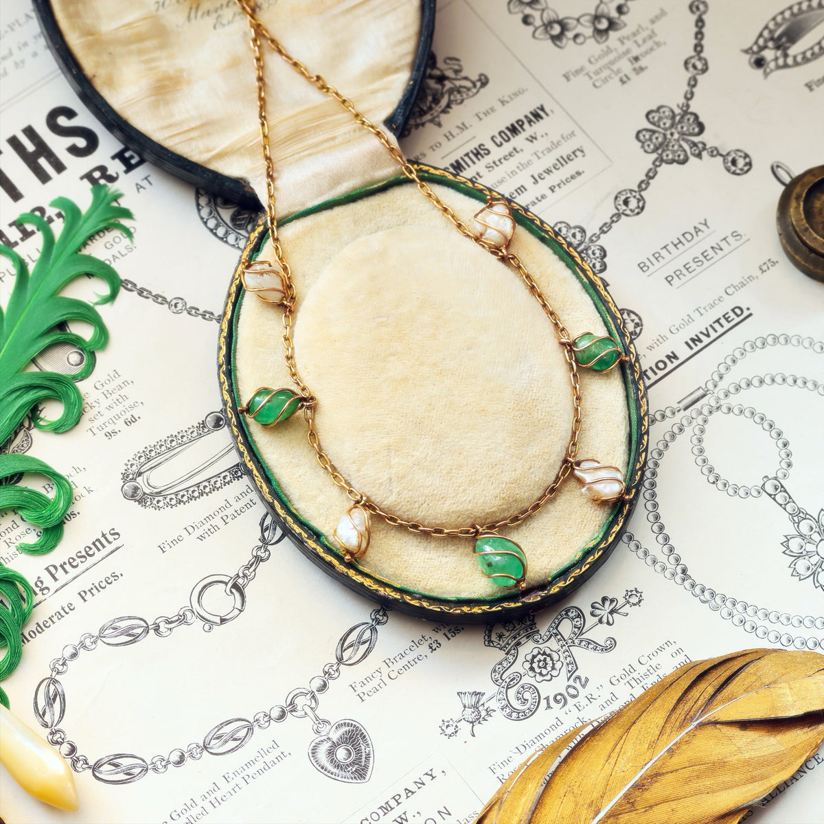 Antique Arts & Crafts Emerald & Wild Pearl Necklace