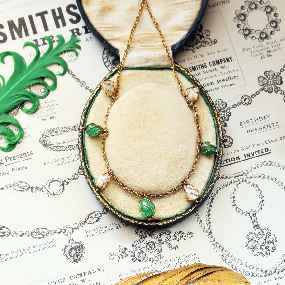 Antique Arts & Crafts Emerald & Wild Pearl Necklace