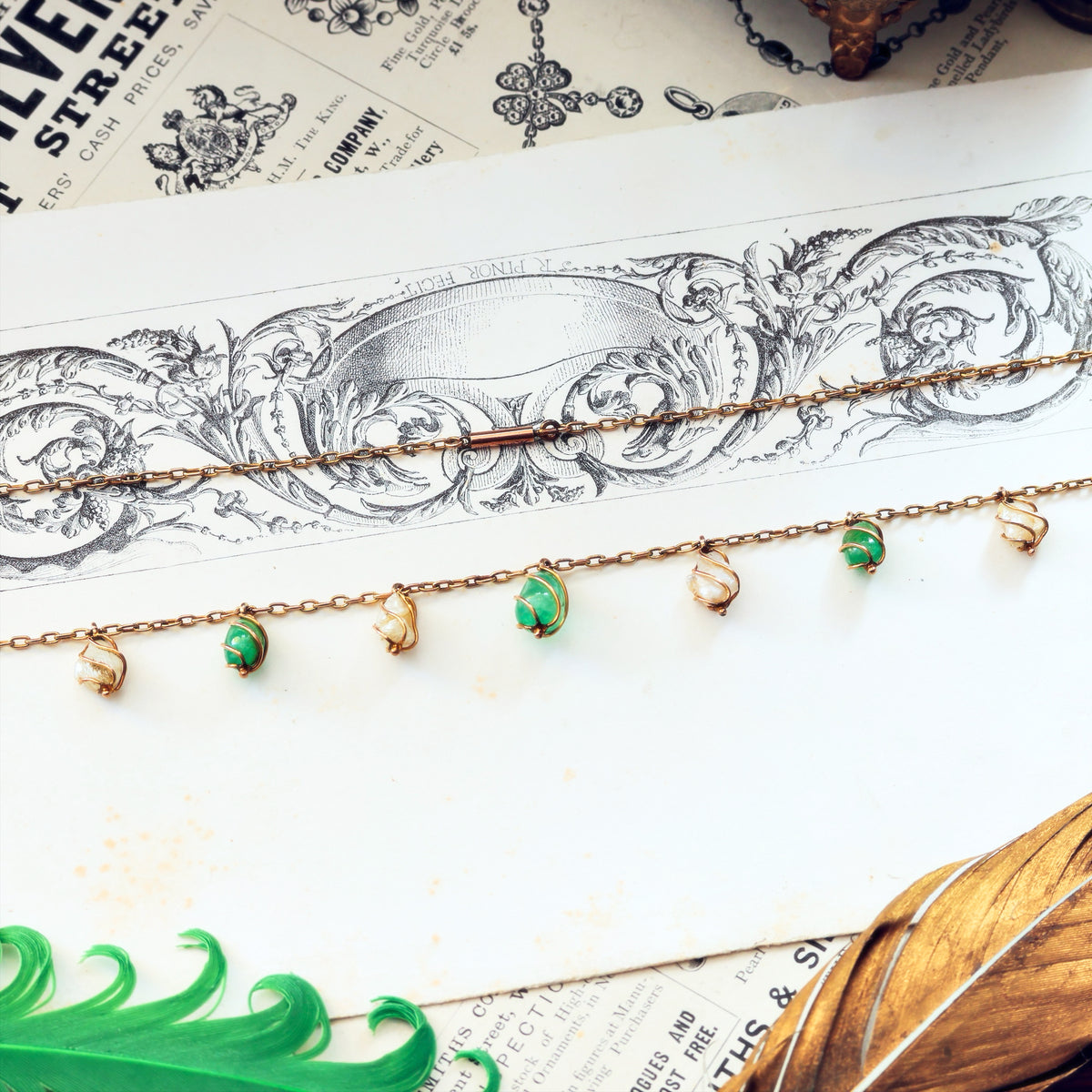 Antique Arts & Crafts Emerald & Wild Pearl Necklace