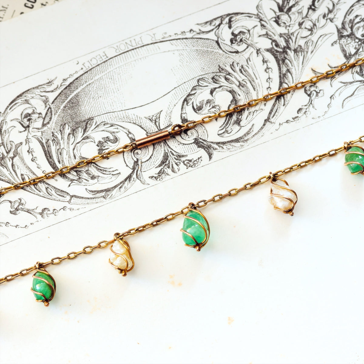 Antique Arts & Crafts Emerald & Wild Pearl Necklace
