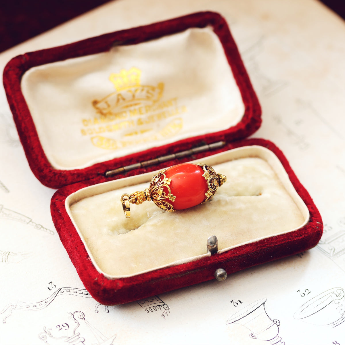 Antique Filigree Coral Charm Pendant