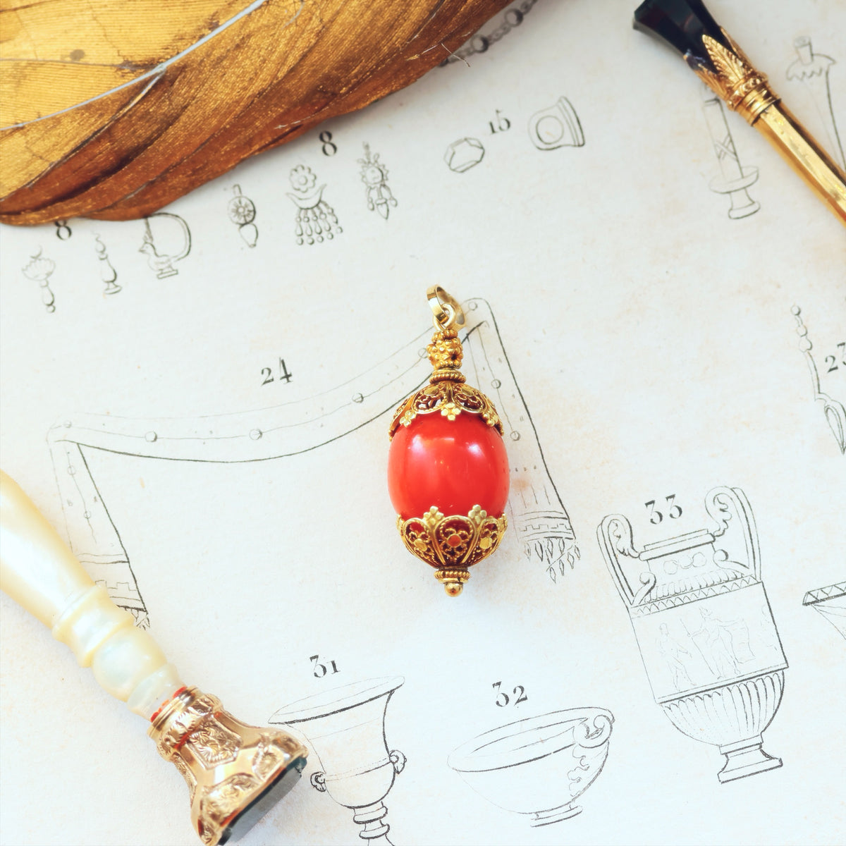 Antique Filigree Coral Charm Pendant