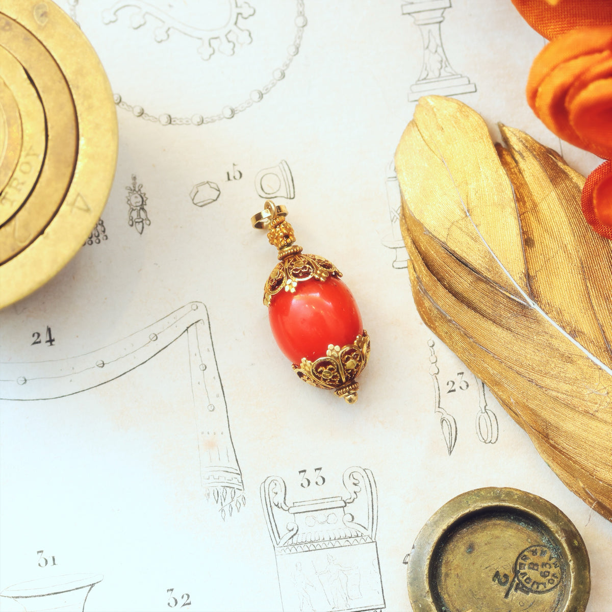 Antique Filigree Coral Charm Pendant