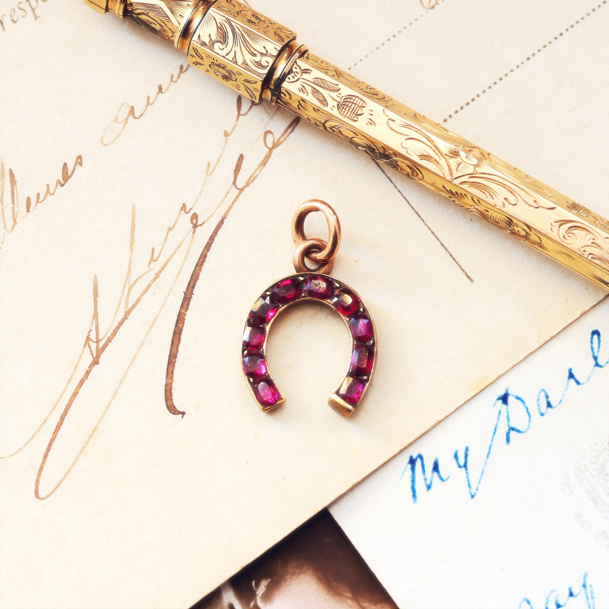 Antique Victorian Ruby Lucky Horseshoe Charm