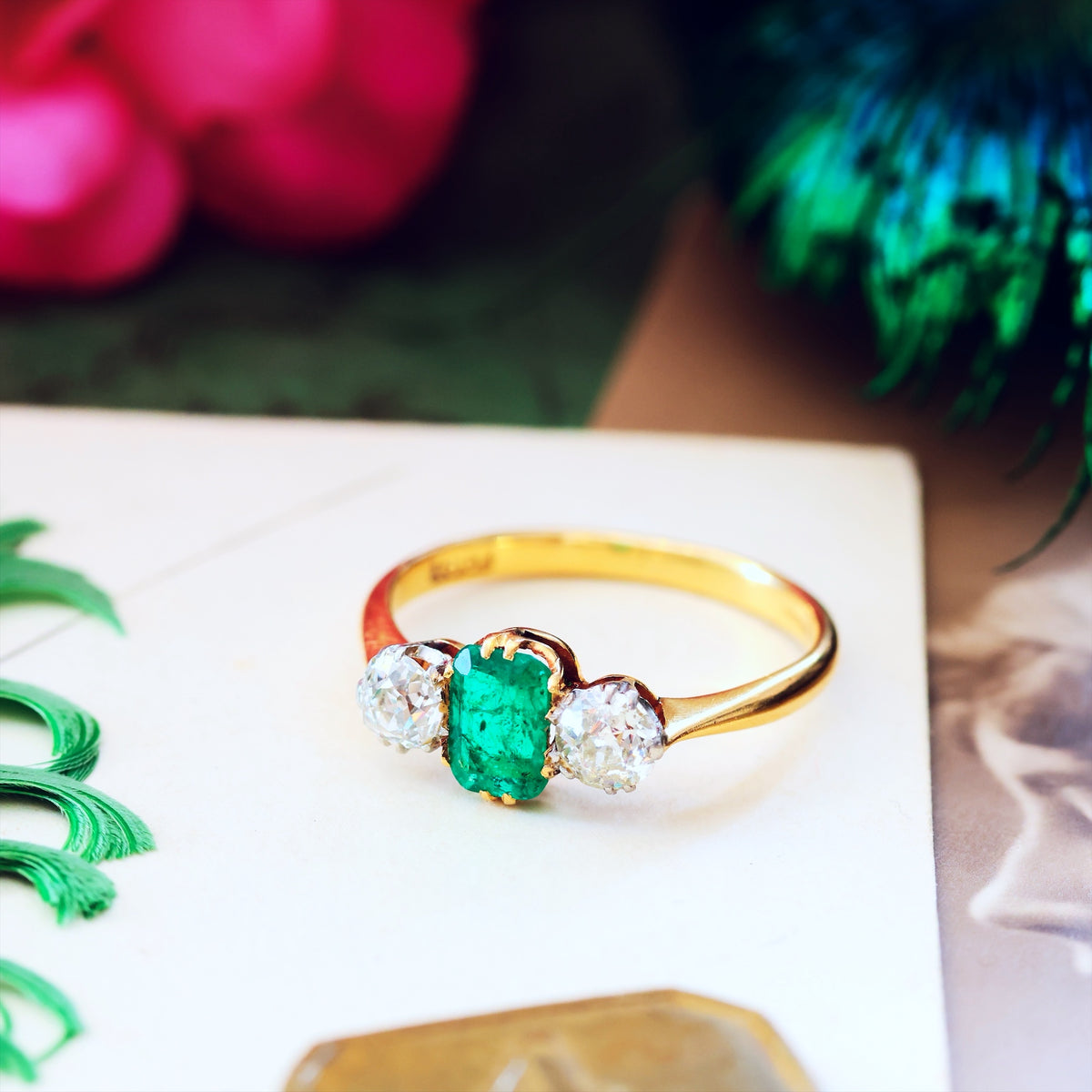 Antique Emerald & Diamond Trilogy Engagement Ring