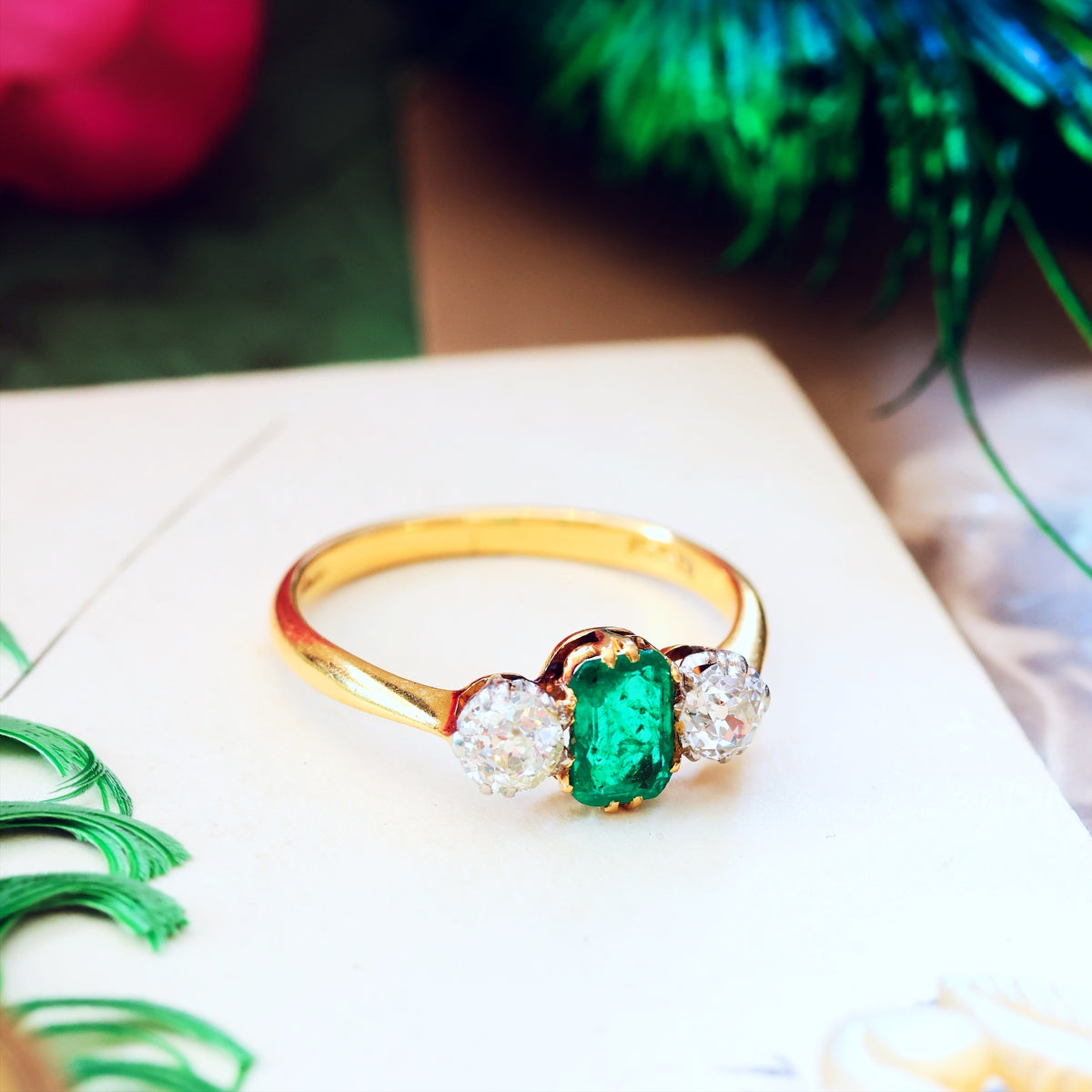 Antique Emerald & Diamond Trilogy Engagement Ring