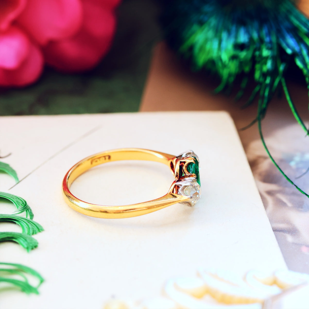 Antique Emerald & Diamond Trilogy Engagement Ring