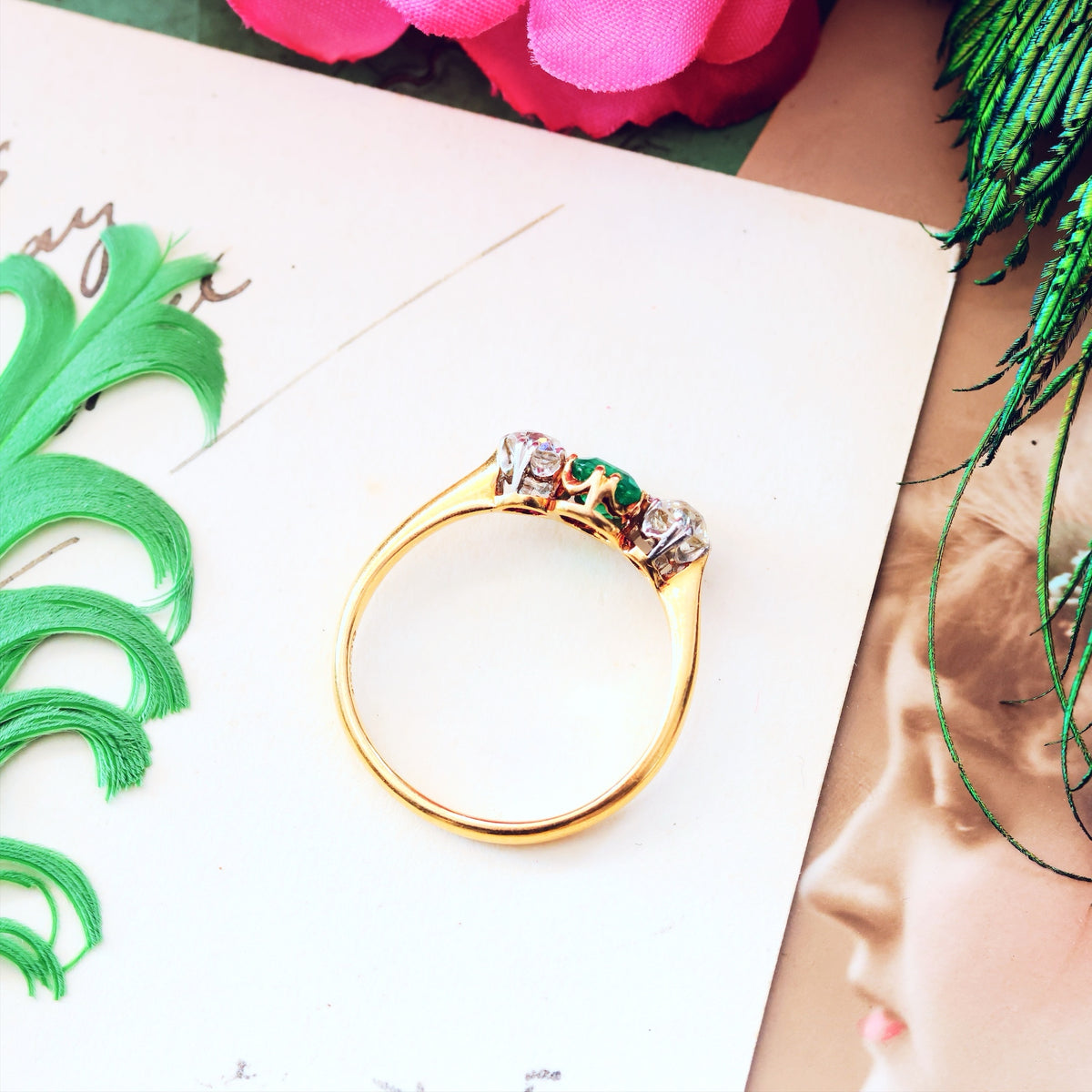 Antique Emerald & Diamond Trilogy Engagement Ring