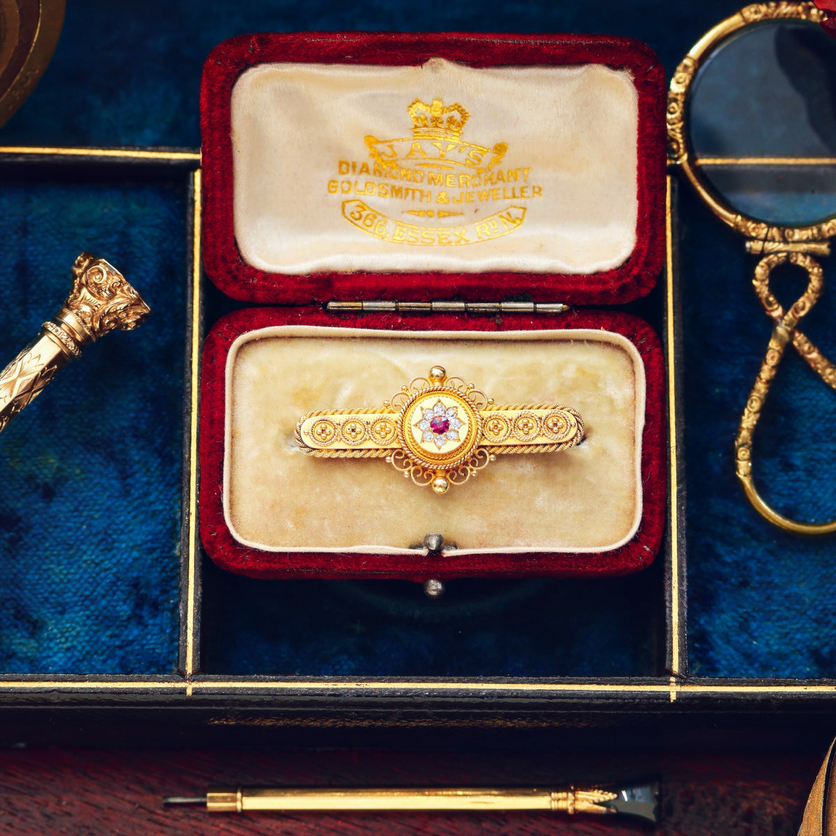 Antique Estruscan Inspired Ruby & Diamond Brooch in Original Case