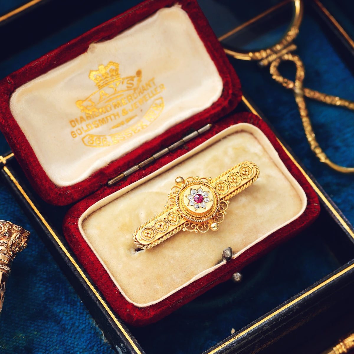Antique Estruscan Inspired Ruby & Diamond Brooch in Original Case