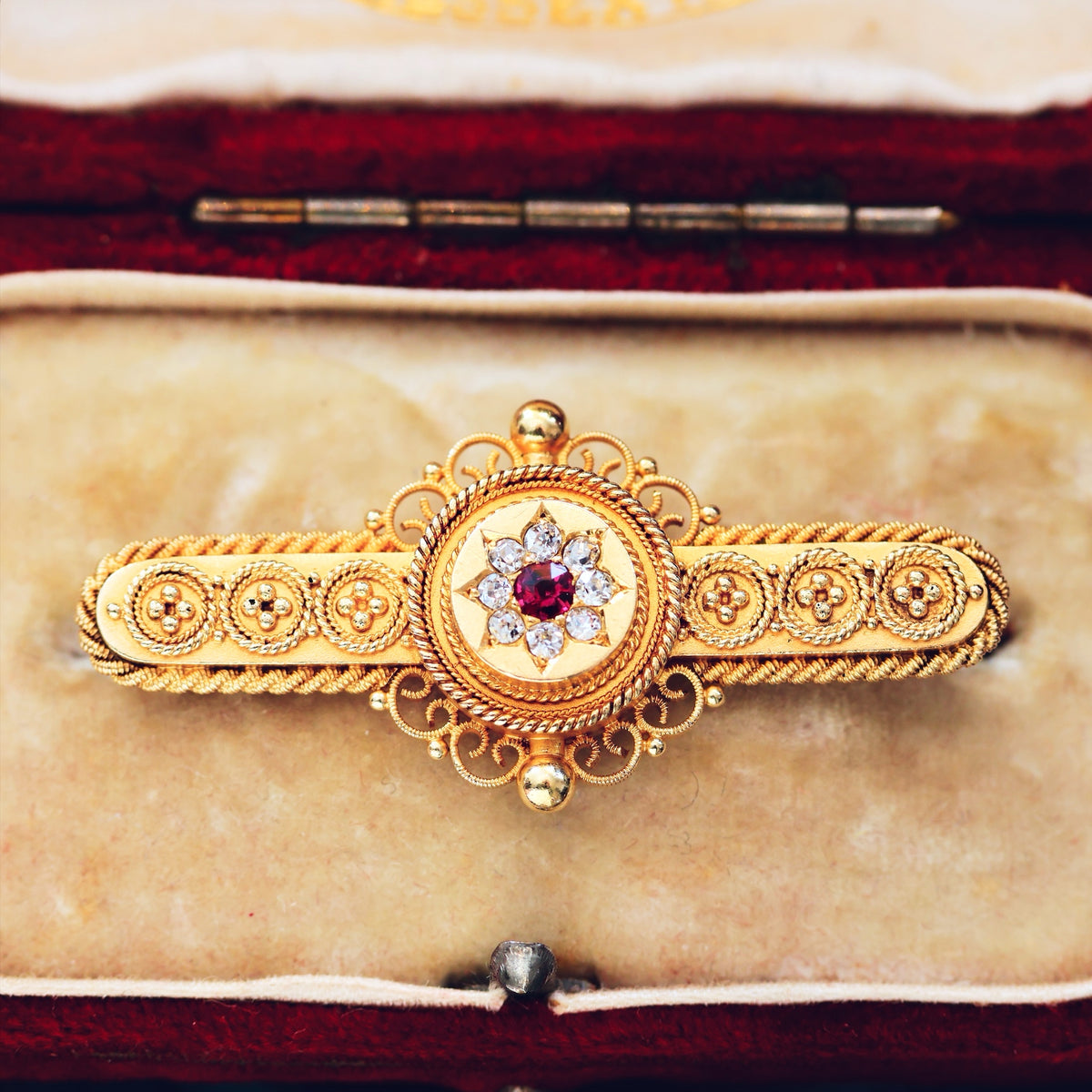 Antique Etruscan Revival Gold Ruby & Diamond Brooch