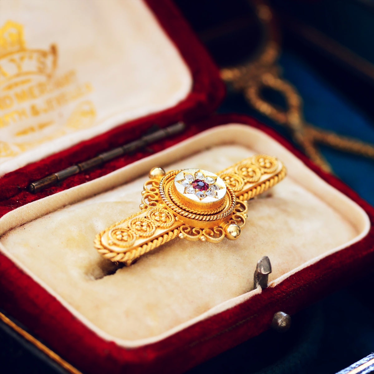 Antique Estruscan Inspired Ruby & Diamond Brooch in Original Case