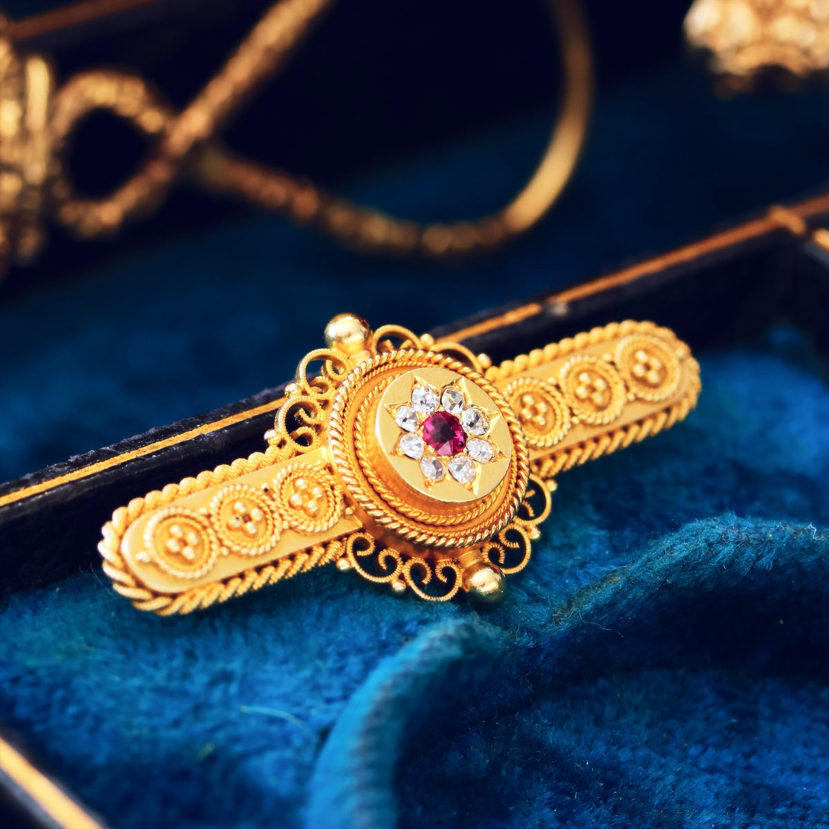 Antique Estruscan Inspired Ruby & Diamond Brooch in Original Case
