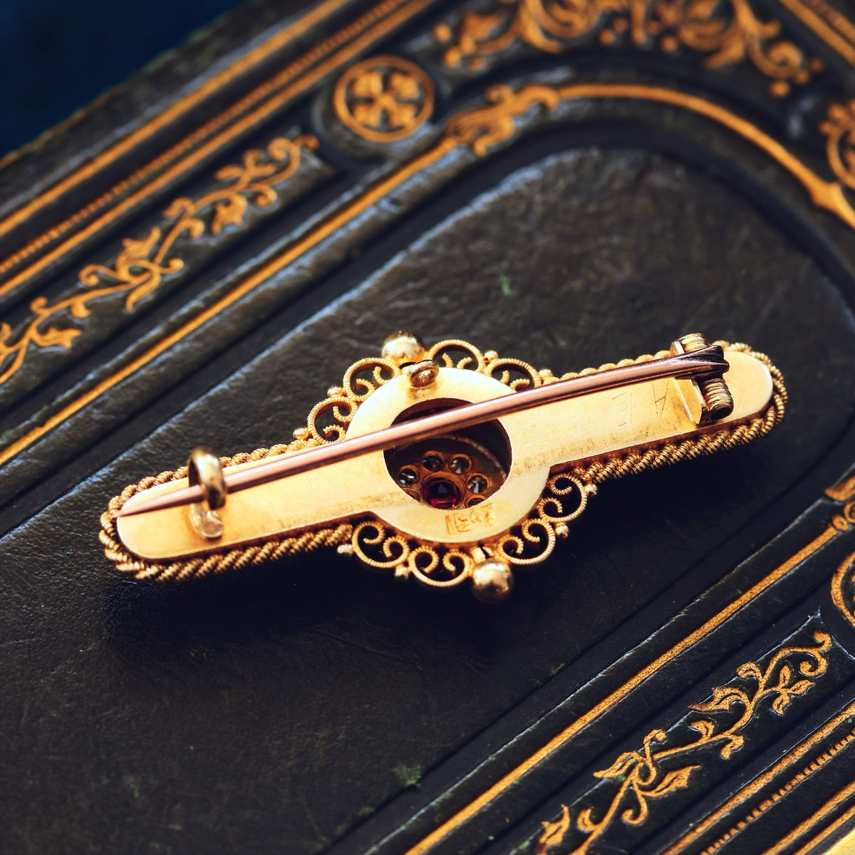 Antique Estruscan Inspired Ruby & Diamond Brooch in Original Case