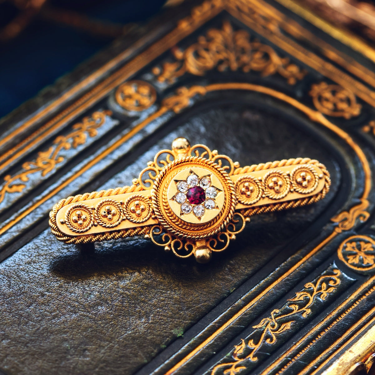 Antique Estruscan Inspired Ruby & Diamond Brooch in Original Case