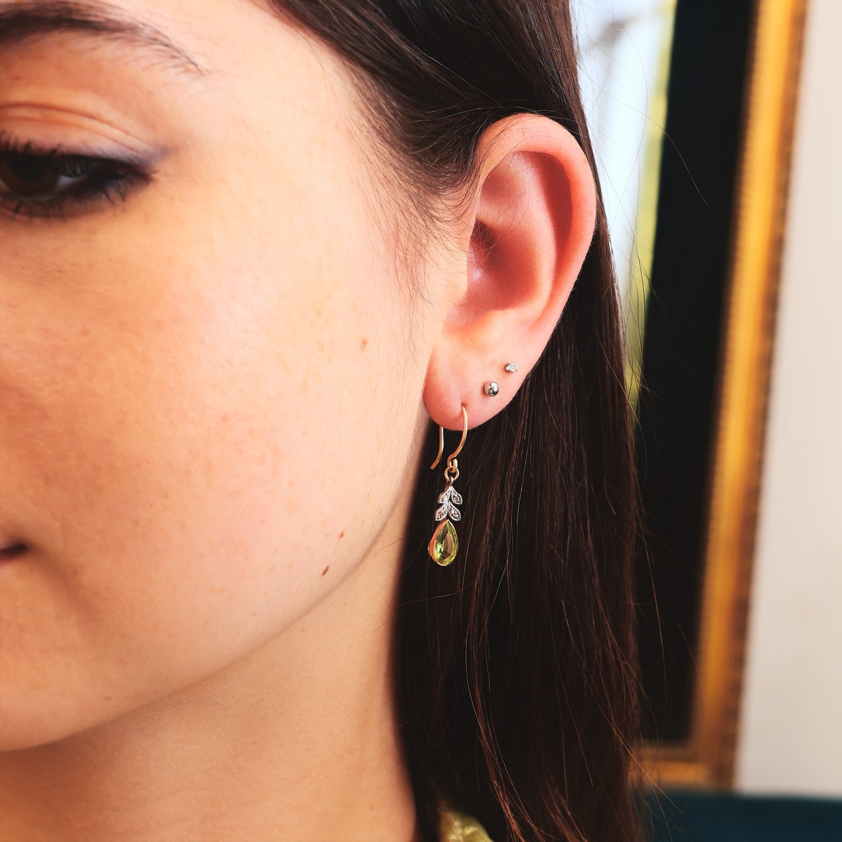 Antique Edwardian Peridot & Diamond Drop Earrings