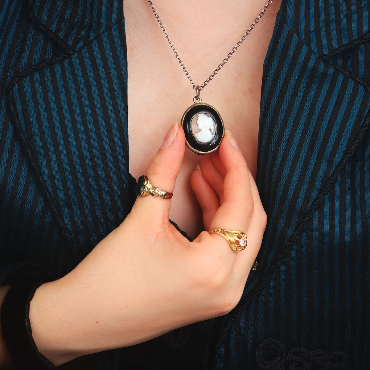 Antique Whitby Jet & Shell Cameo Pendant