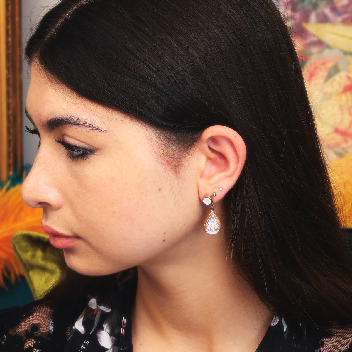 The Three Graces Classical Inspiration Shell Cameo Earrings