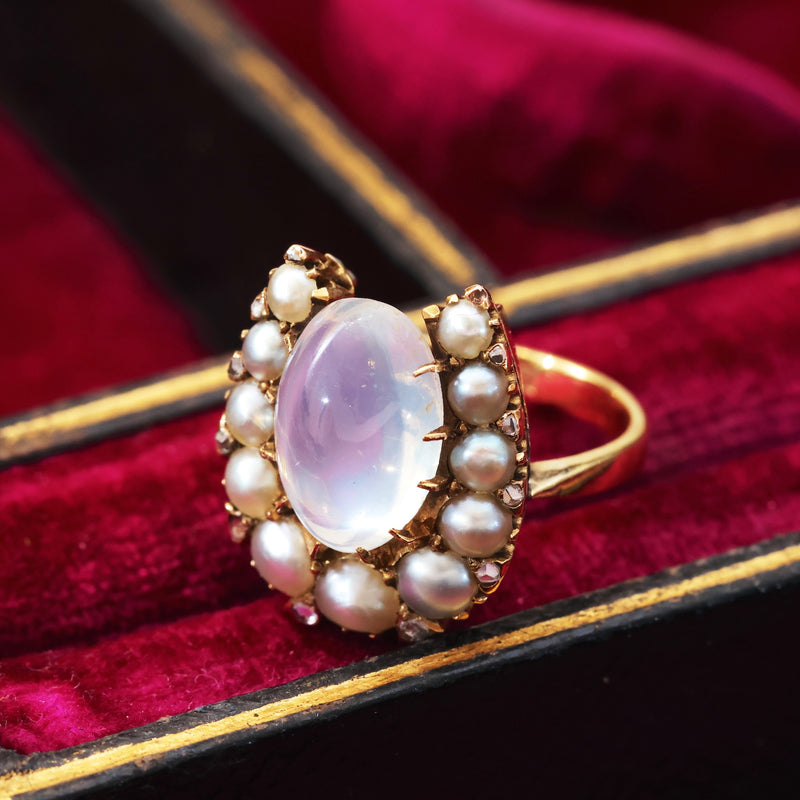 Dreamy Antique Moonstone & Pearl Horseshoe Ring