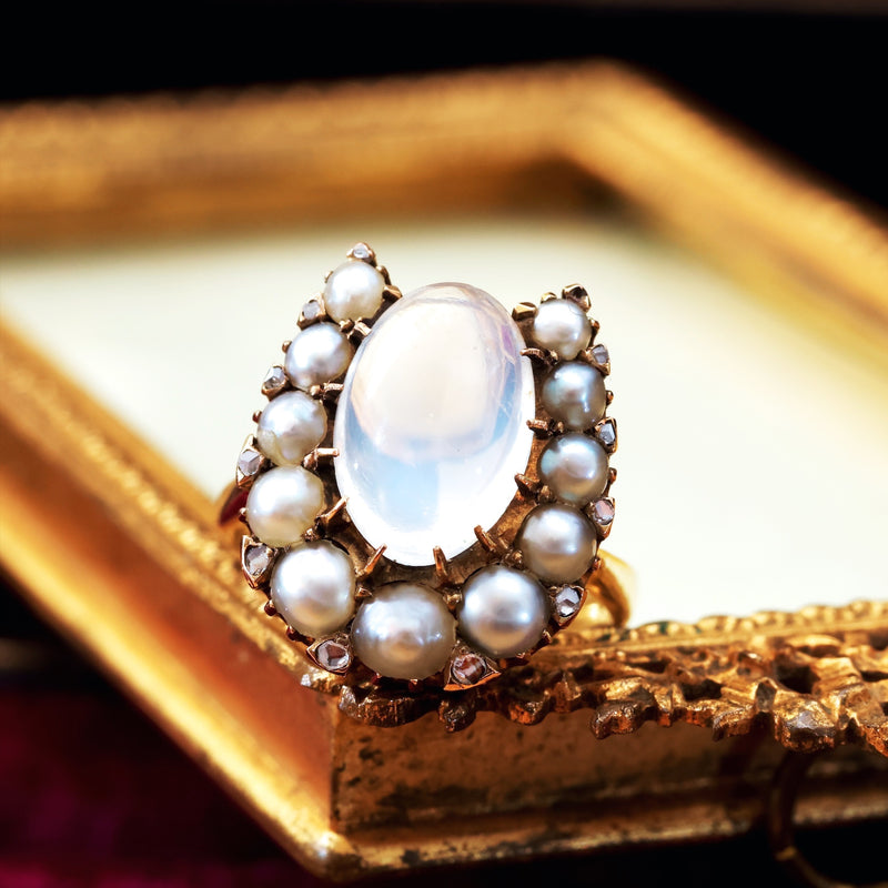 Dreamy Antique Moonstone & Pearl Horseshoe Ring