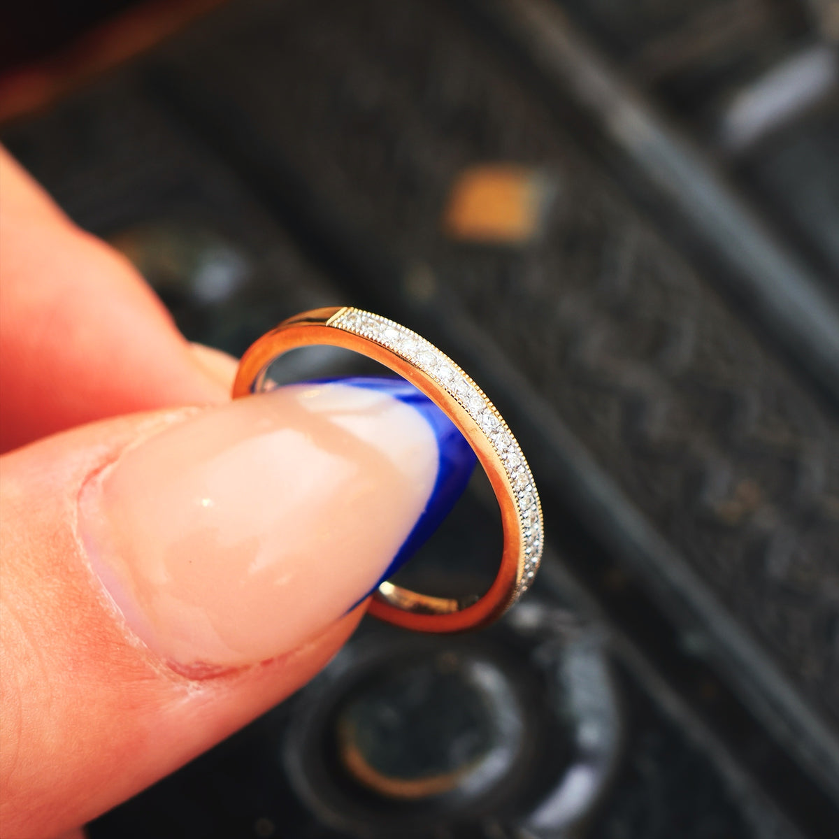 Vintage Style Beaded Diamond Half Eternity Ring
