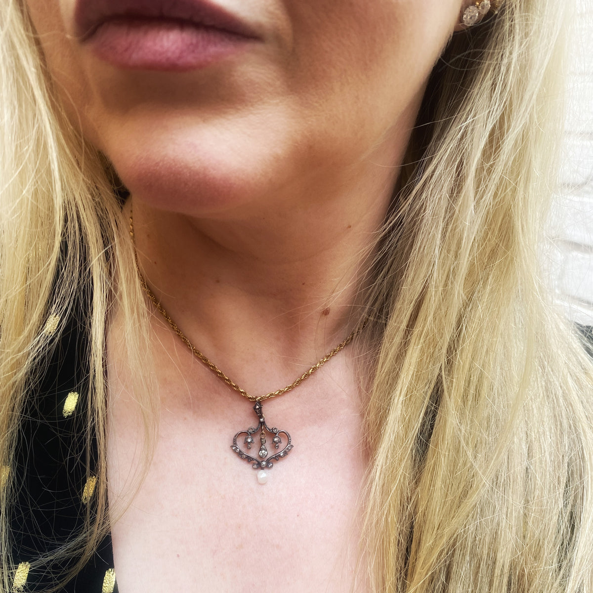 Late Victorian Diamond & Wild Pearl Lavaliere Pendant