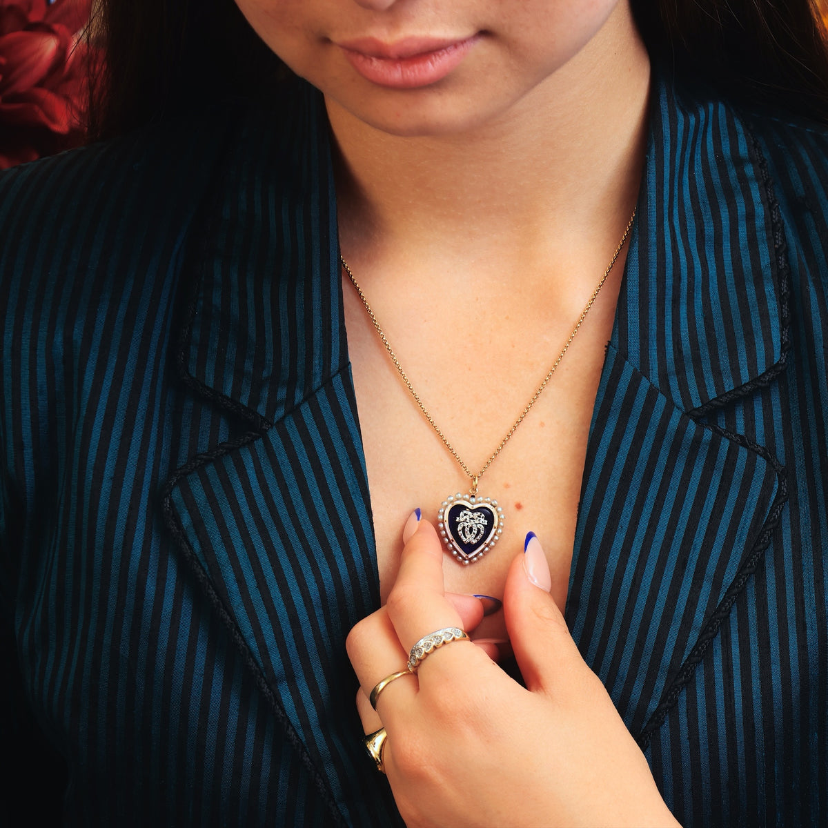 Antique Twin Hearts Natural Pearl Enamelled Heart Pendant