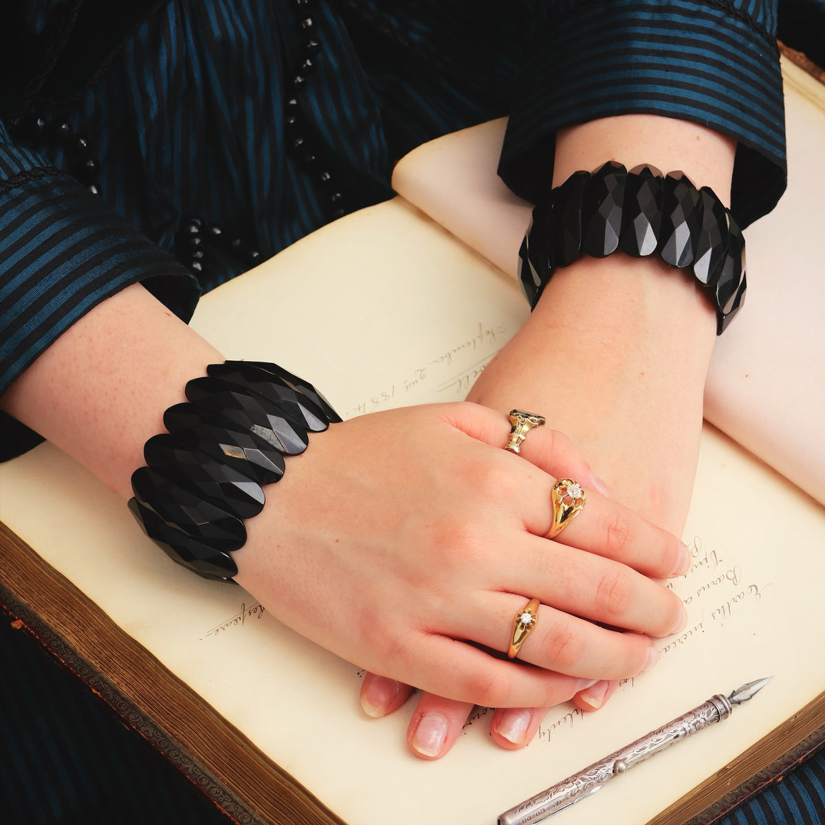 Fabulous Matching Pair of Whitby Jet Cuff Bracelets