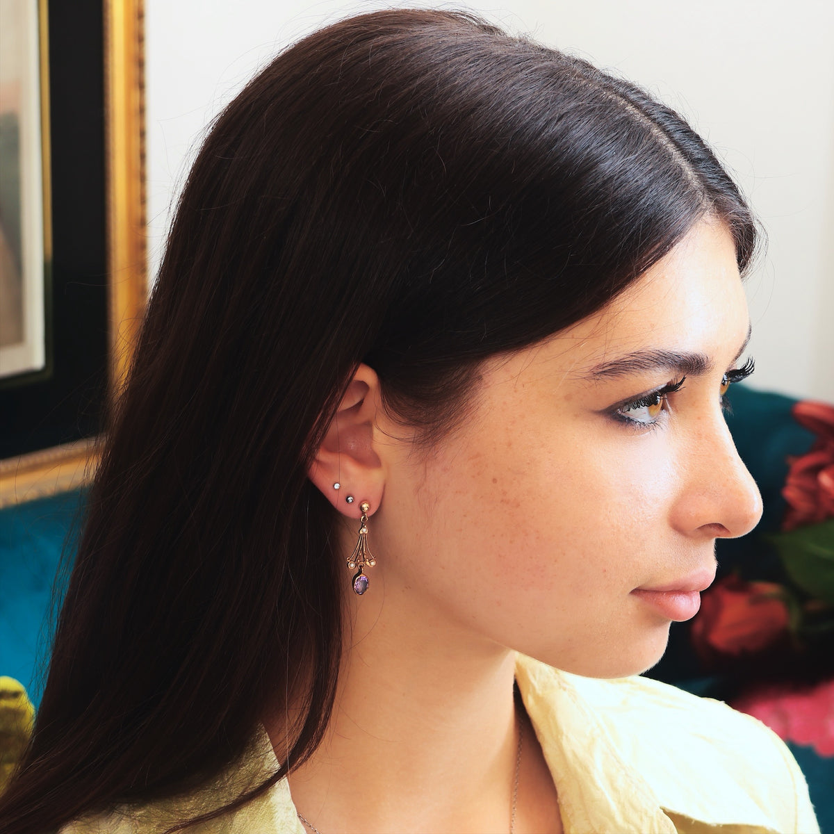 Vintage Edwardian Style Amethyst & Seed Pearl Drop Earrings