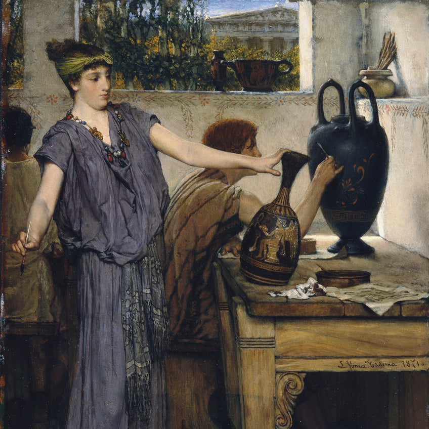 A classical painting depicting a woman in a flowing purple dress standing beside a table with two black decorative vases, while another seated figure reaches toward one vase in an interior room.