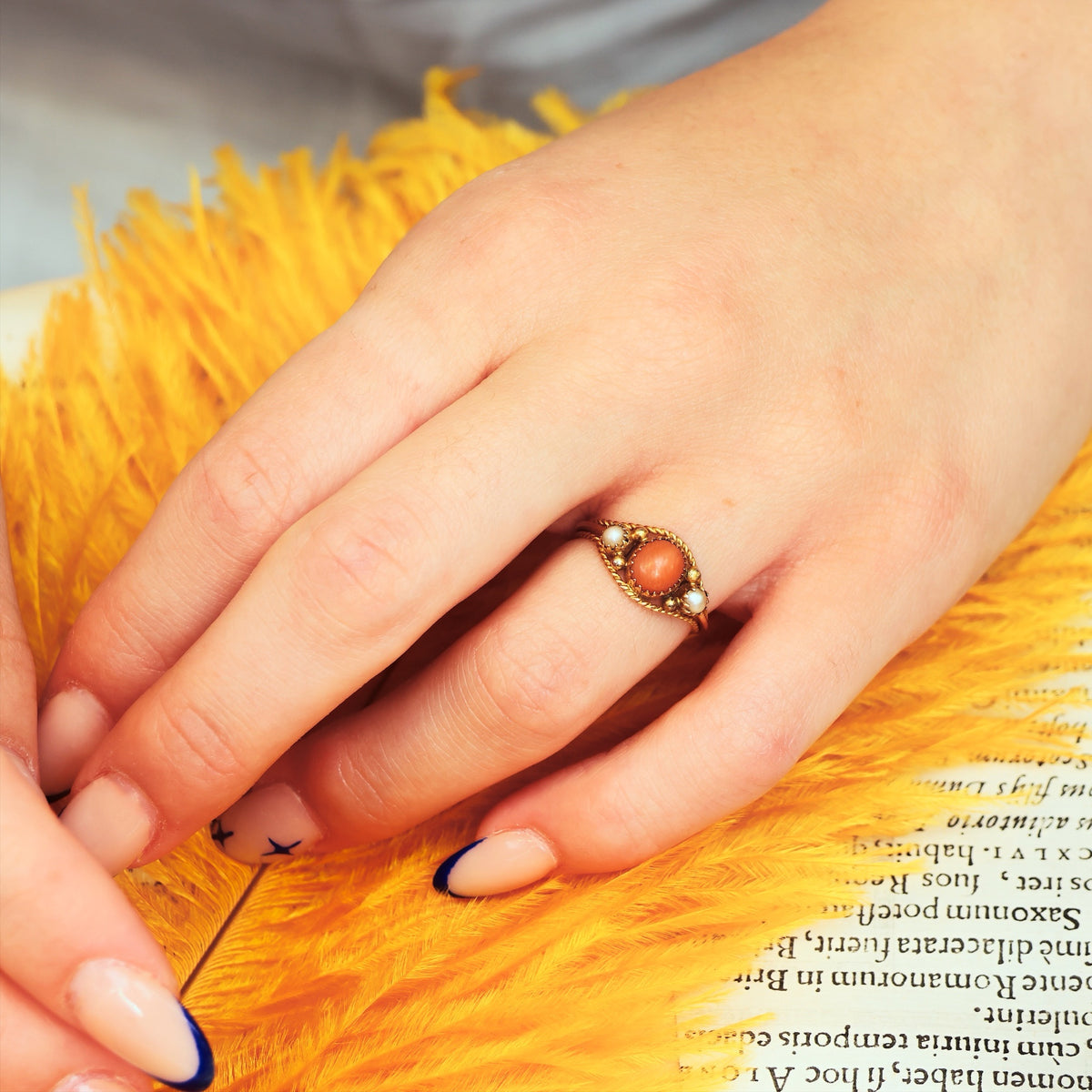 Antique Archaeological Revival Coral & Pearl Ring