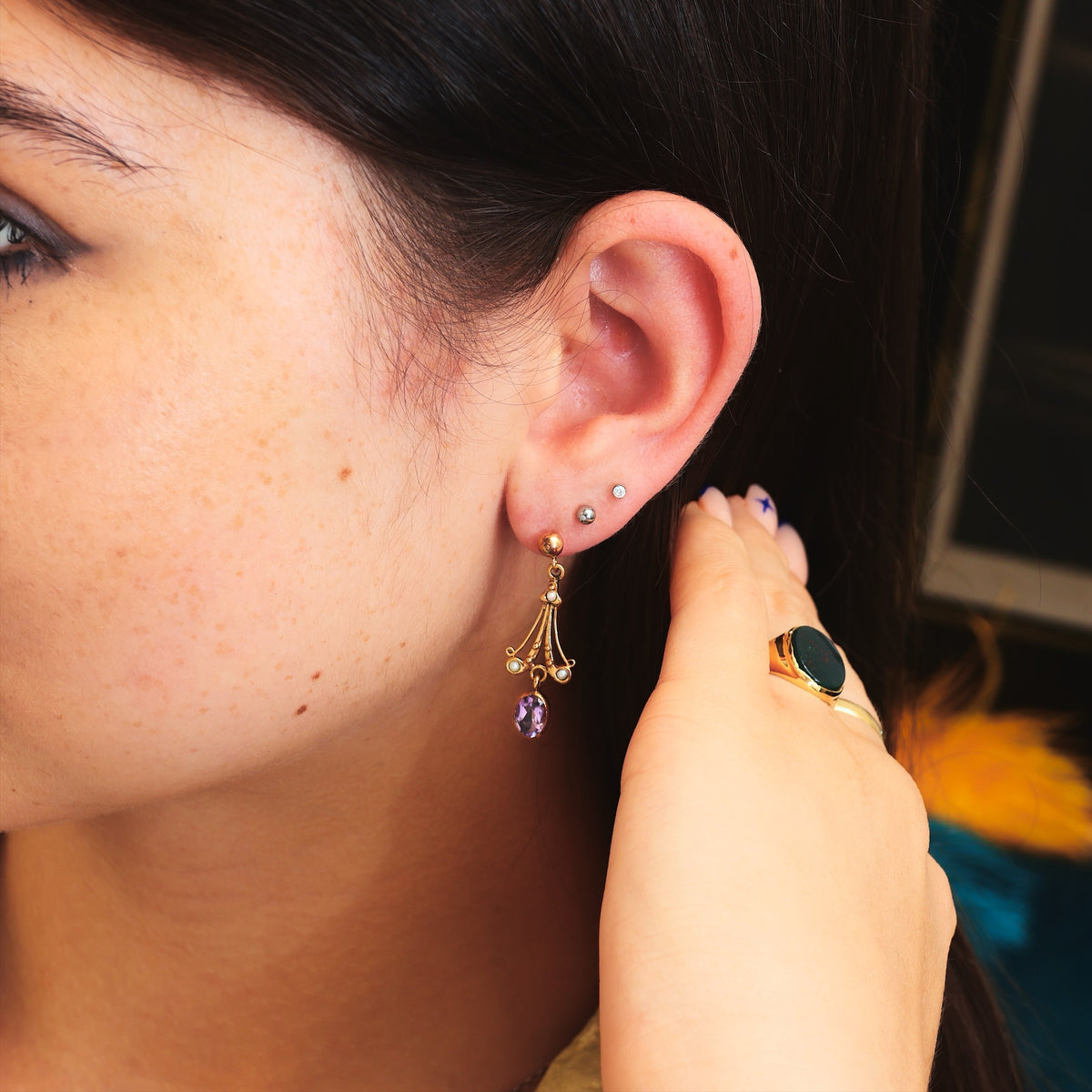 Vintage Edwardian Style Amethyst & Seed Pearl Drop Earrings