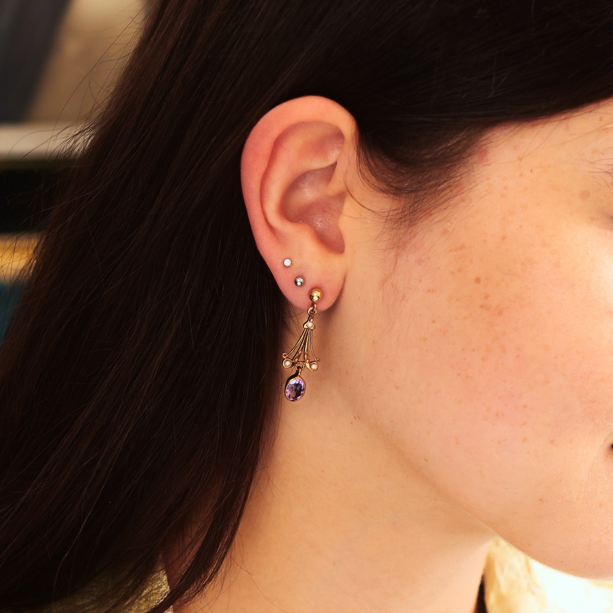 Vintage Edwardian Style Amethyst & Seed Pearl Drop Earrings