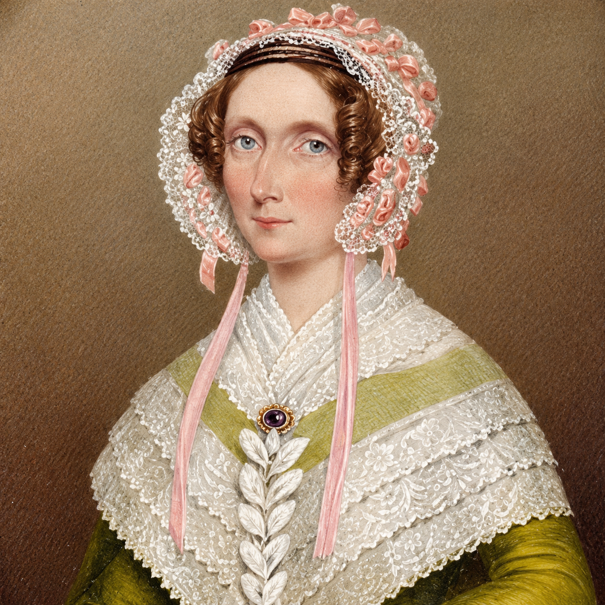 A portrait painting of a woman in historical dress, wearing a white lace bonnet with pink ribbons and a green-and-white garment against a warm brown background with a fichu pin. 