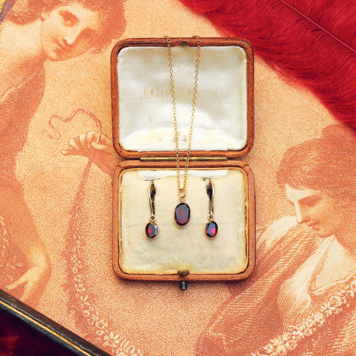 Recycled Foiled Garnet Earrings and Pendant