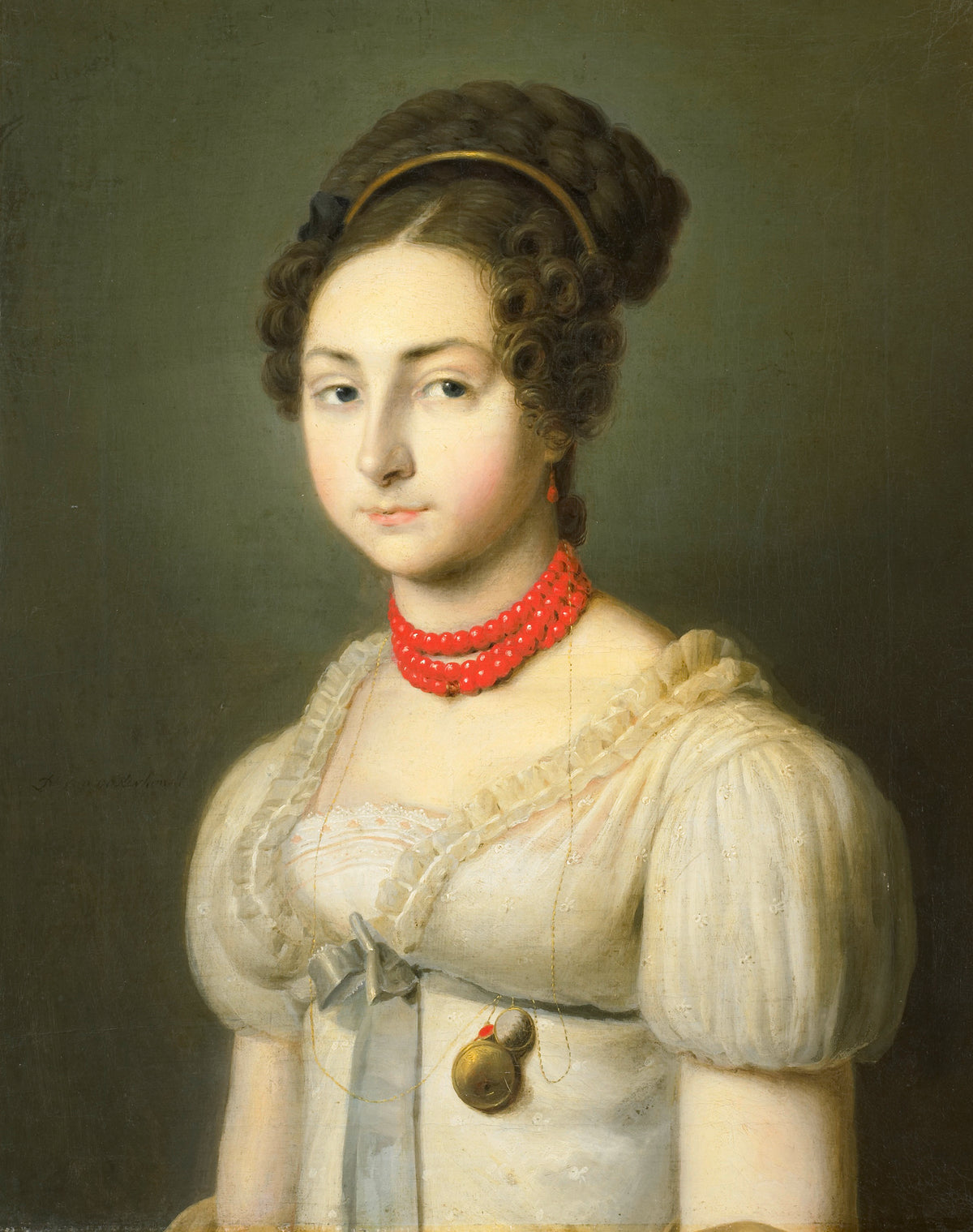 Portrait of a woman in historical attire with a red necklace against a plain background