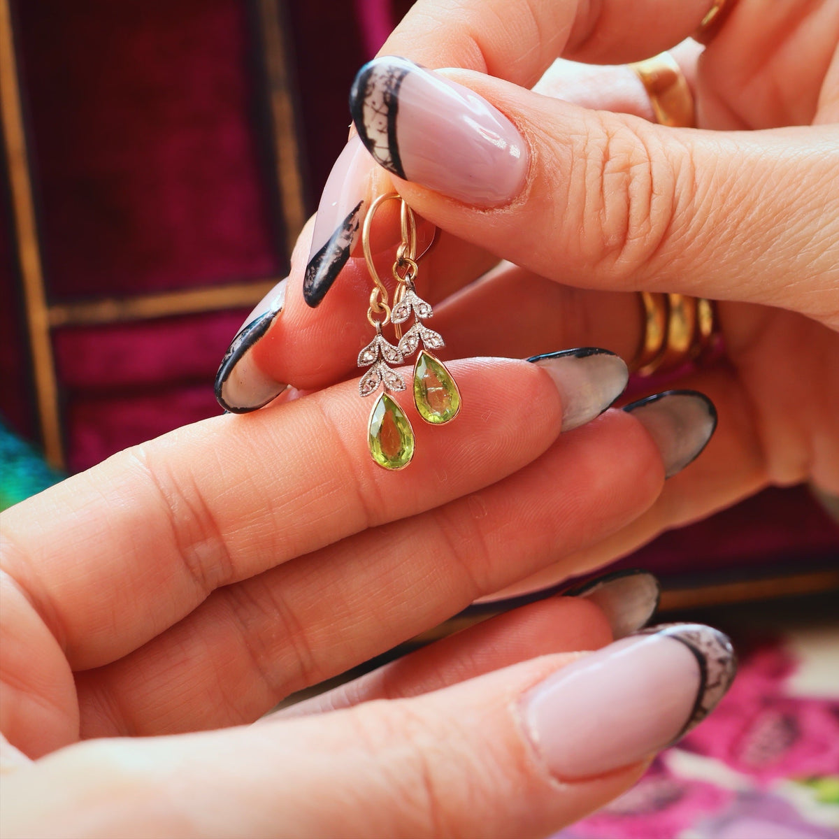 Antique Edwardian Peridot & Diamond Drop Earrings