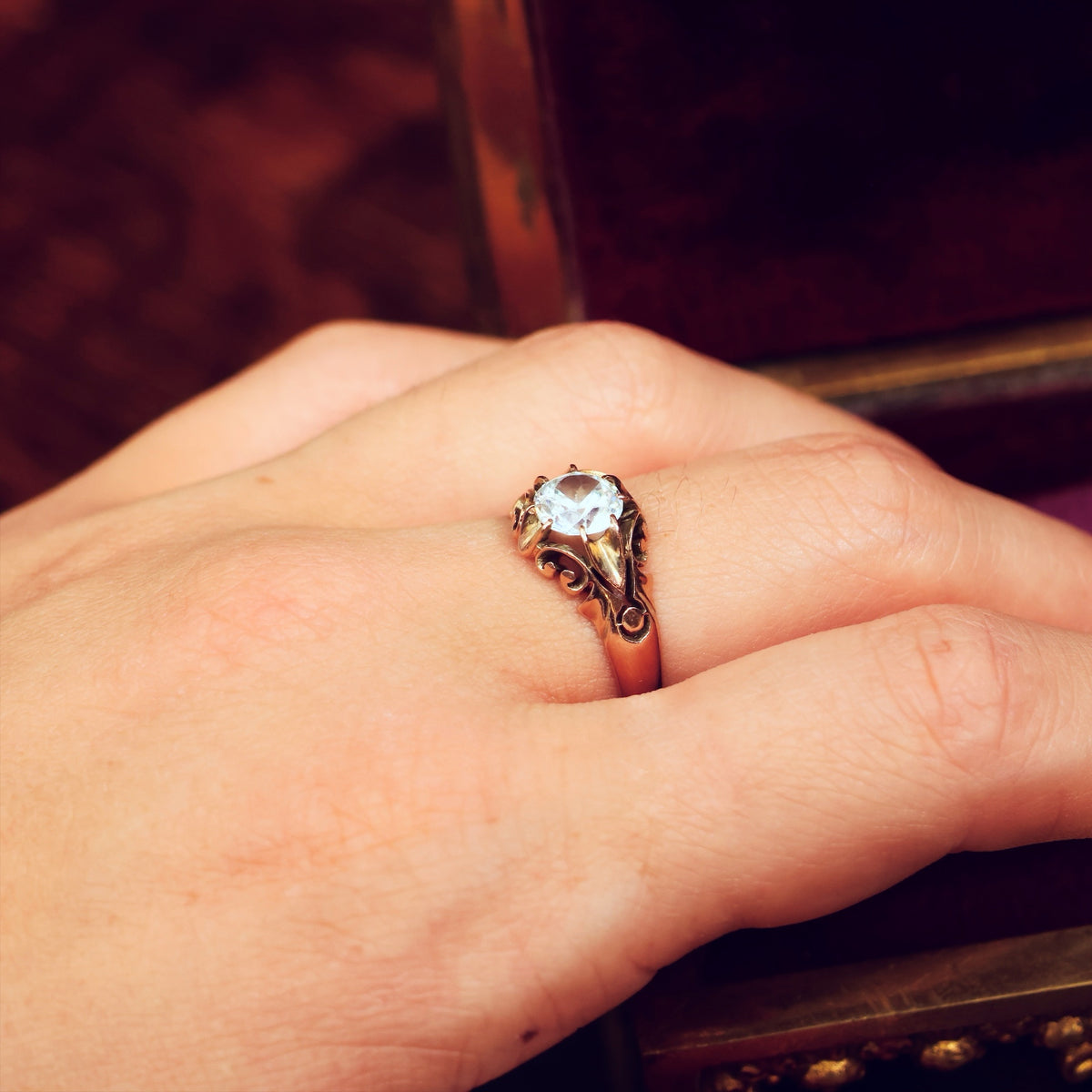 Vintage Hand Carved Rose Gold Zircon Ring