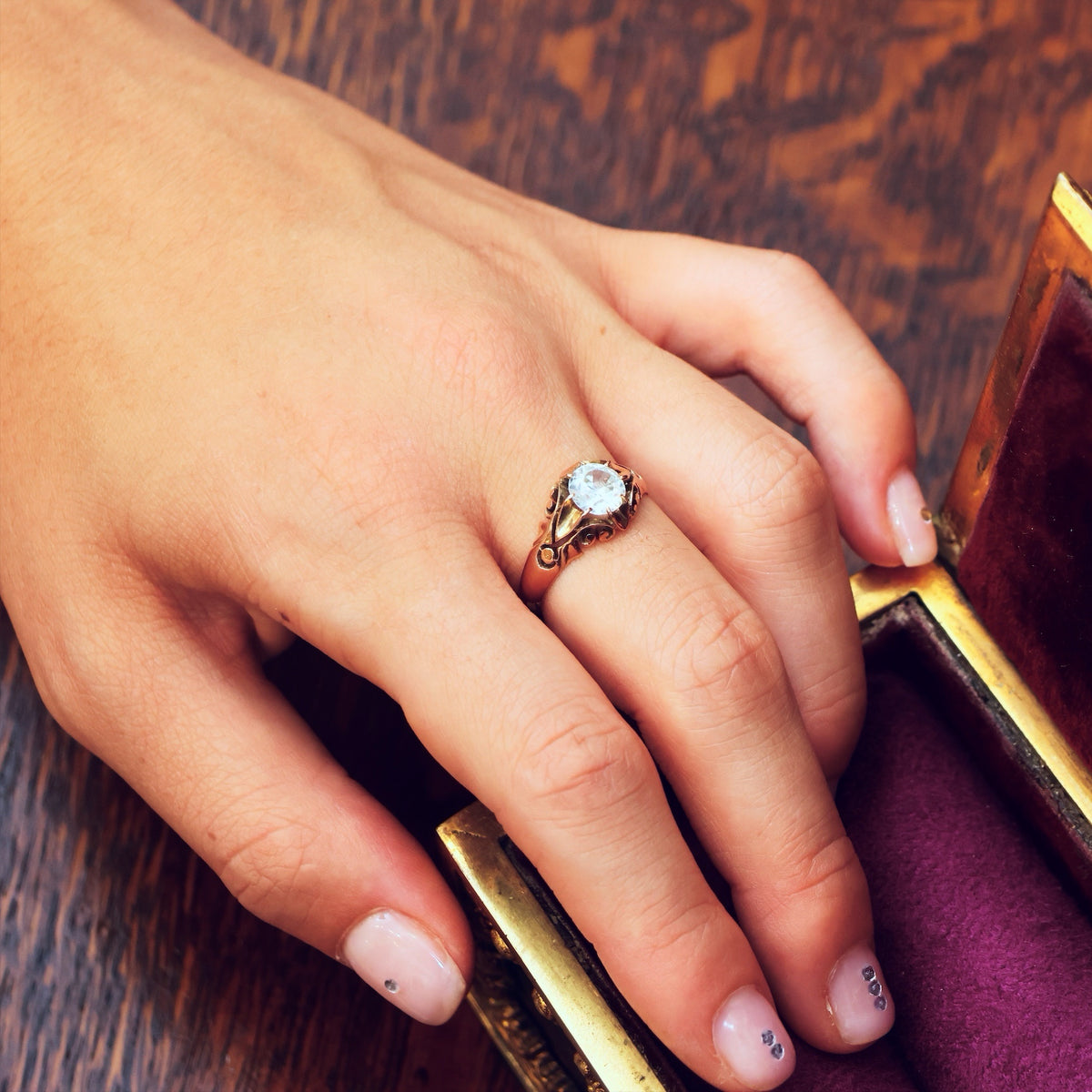Vintage Hand Carved Rose Gold Zircon Ring