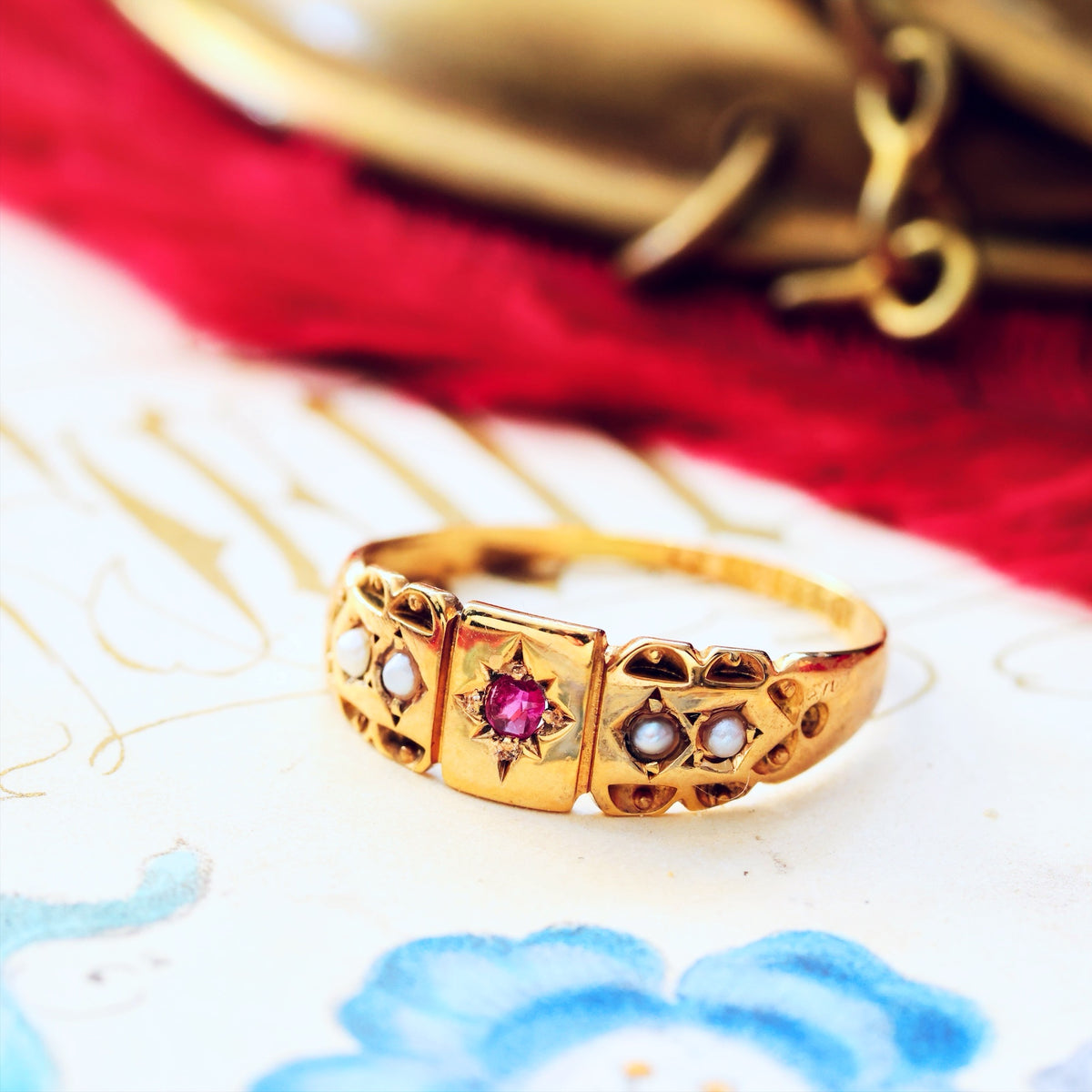 Date 1898 15ct Gold Ruby & Seed Pearl Ring