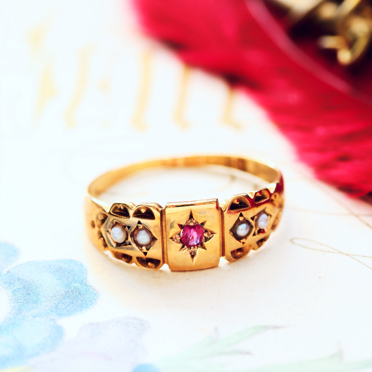 Antique 15ct Gold Ruby & Seed Pearl Ring