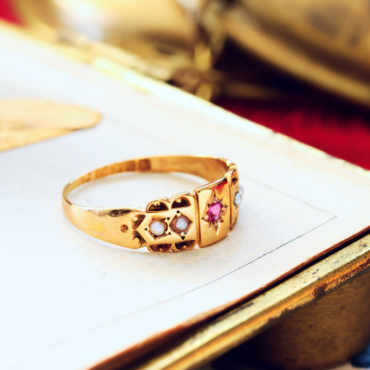 Date 1898 15ct Gold Ruby & Seed Pearl Ring