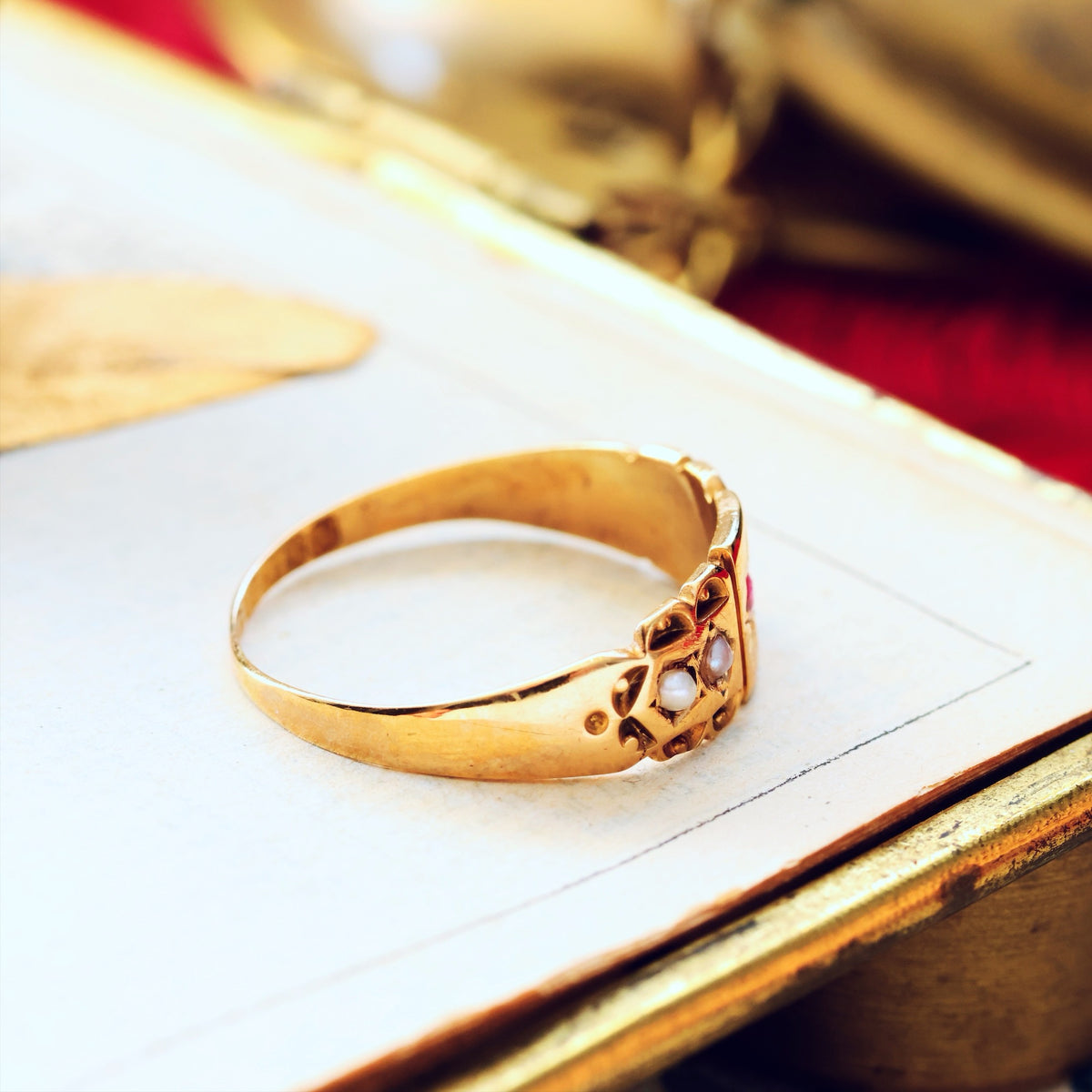 Date 1898 15ct Gold Ruby & Seed Pearl Ring