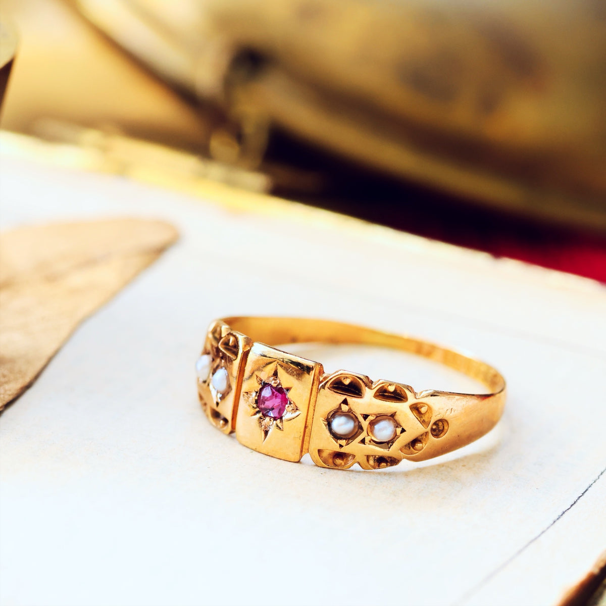 Date 1898 15ct Gold Ruby & Seed Pearl Ring