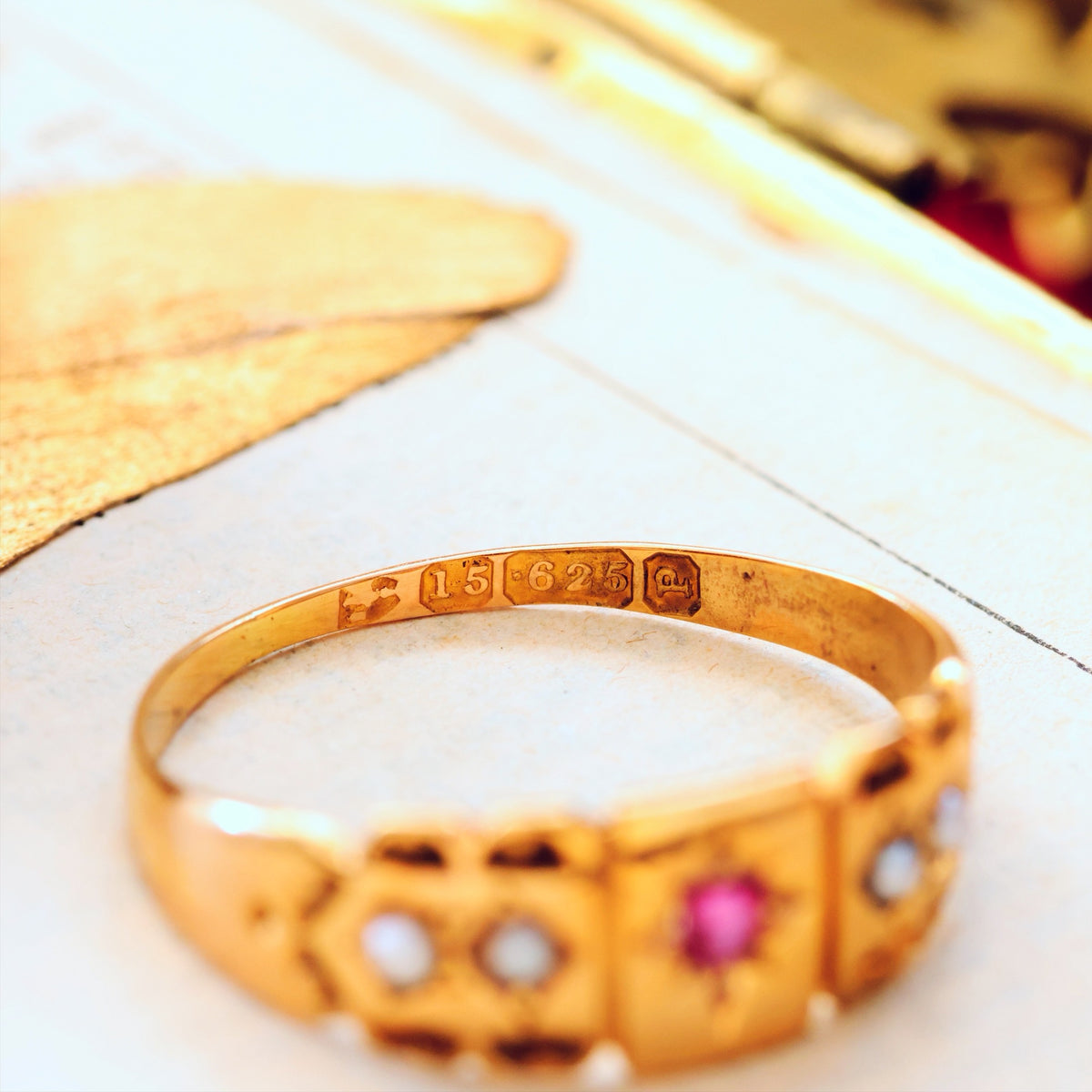 Date 1898 15ct Gold Ruby & Seed Pearl Ring