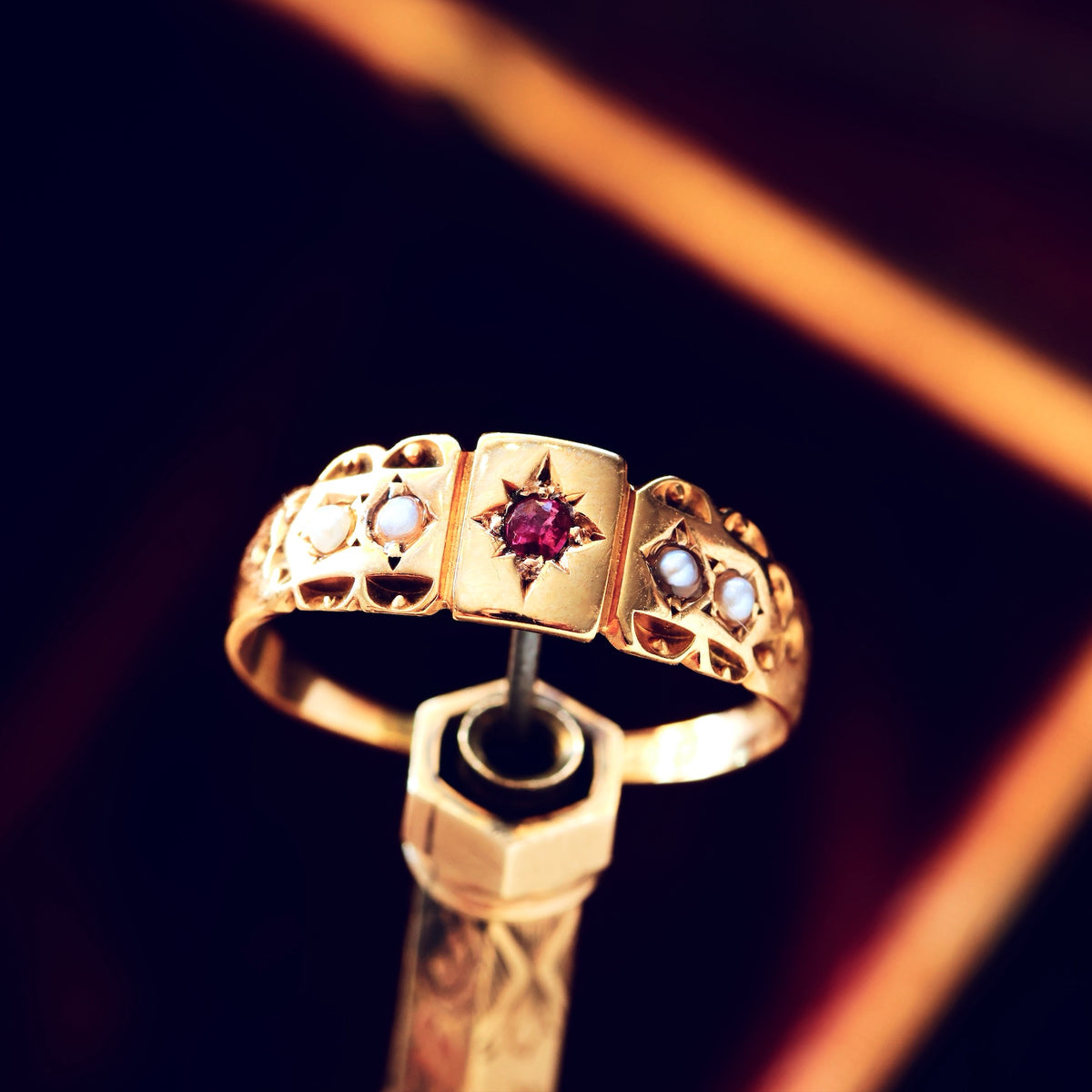 Date 1898 15ct Gold Ruby & Seed Pearl Ring
