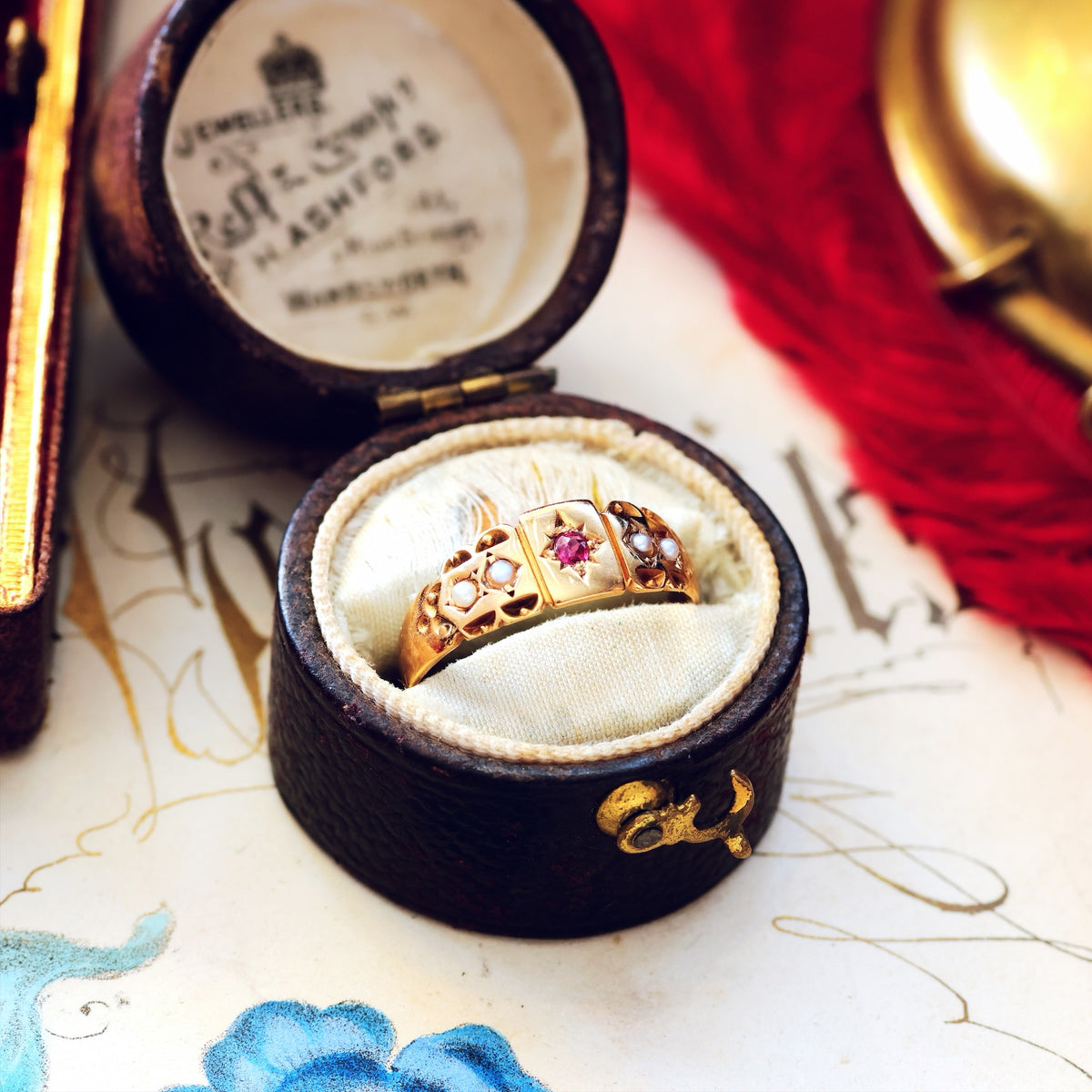 Date 1898 15ct Gold Ruby & Seed Pearl Ring