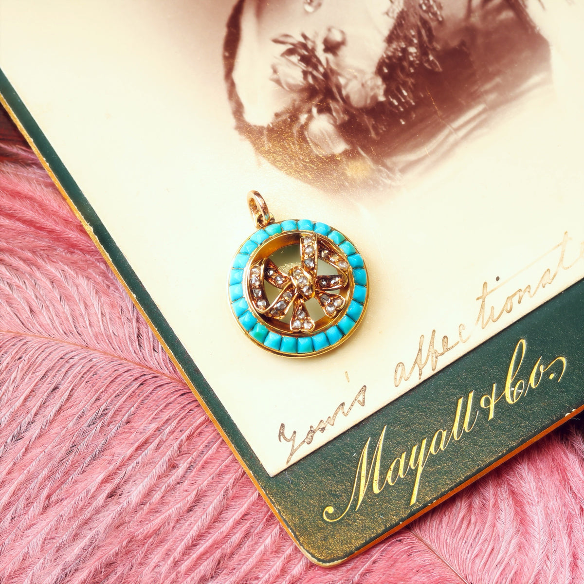 Antique Victorian Turquoise & Diamond Bow Pendant