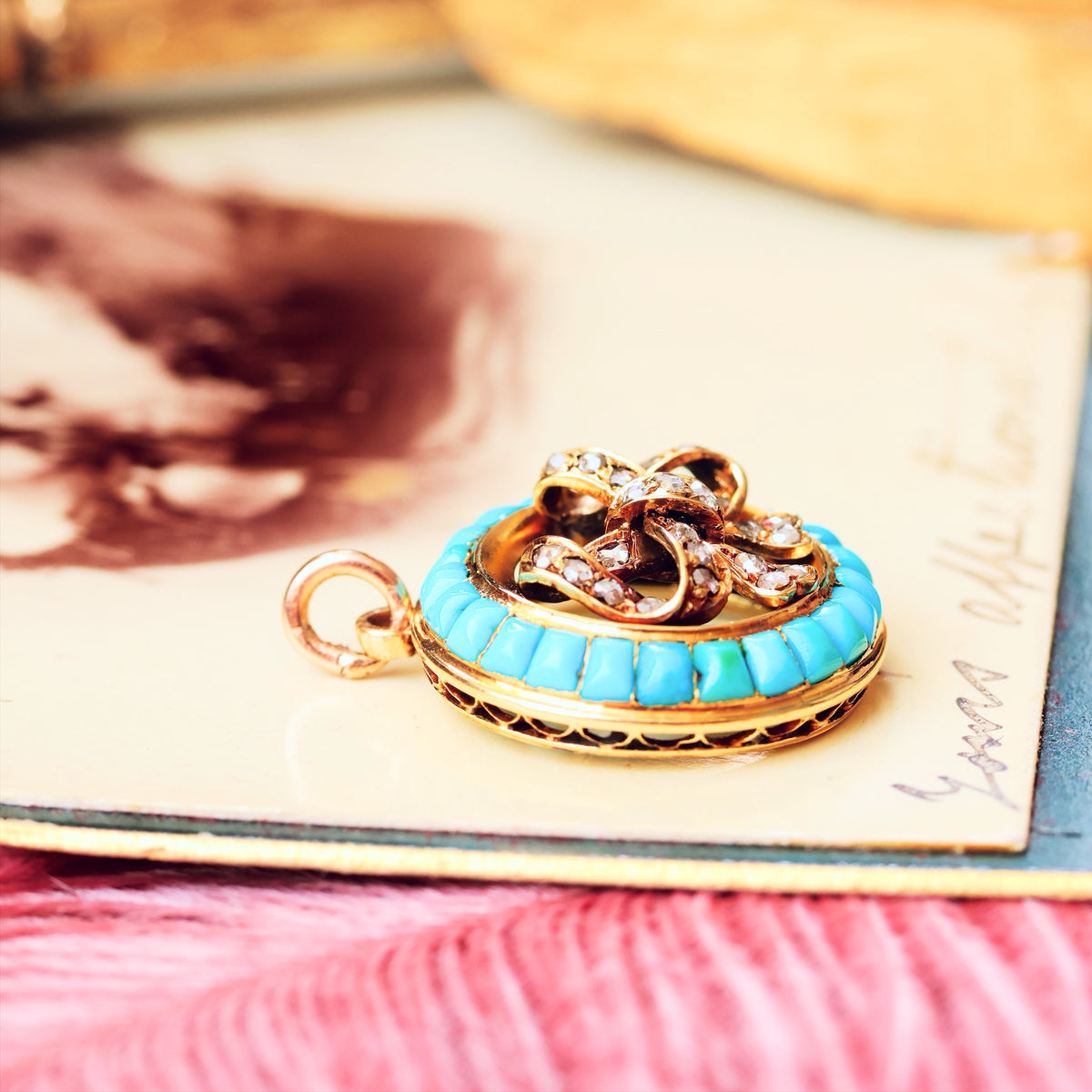 Antique Victorian Turquoise & Diamond Bow Pendant